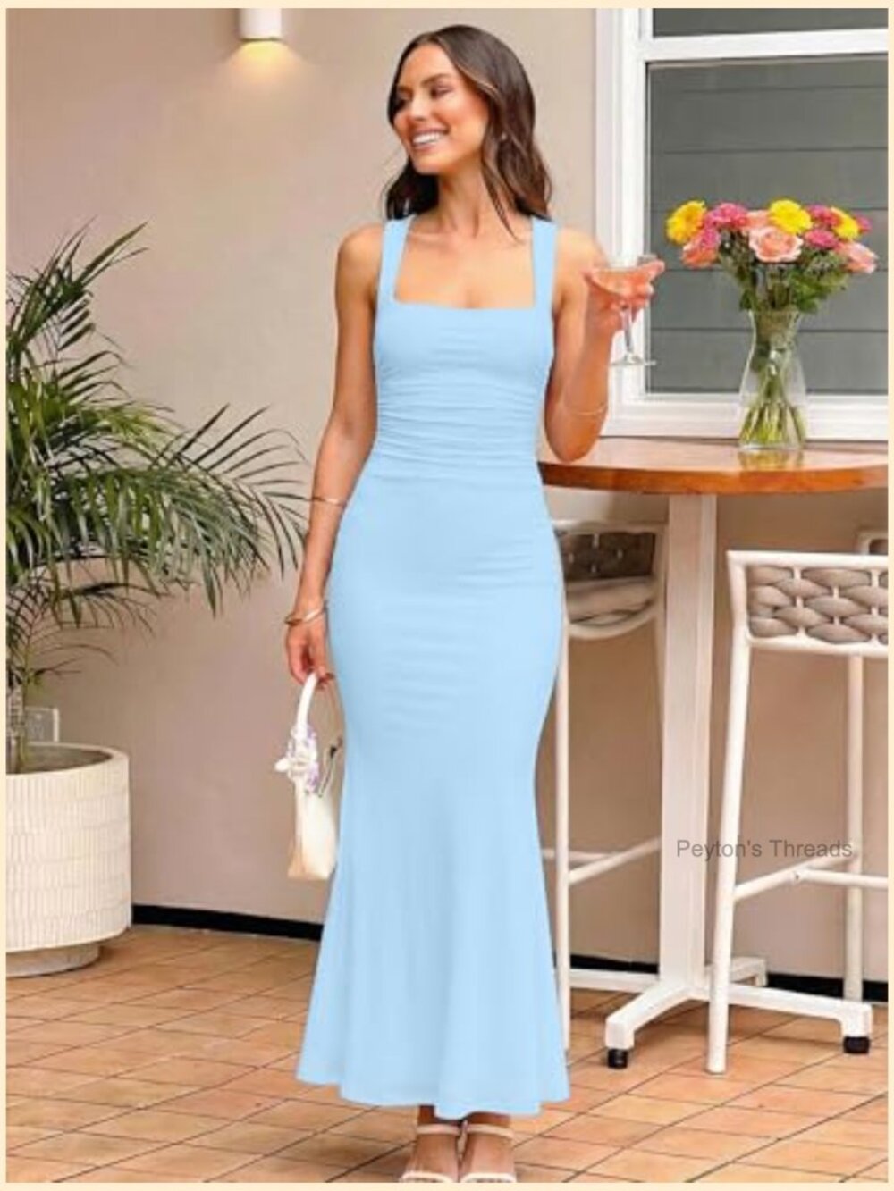 Ruched Bodycon Maxi Dress Sleeveless Square Neck Formal Wedding Guest - Picture 4 of 7